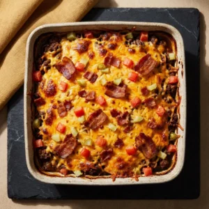 Delicious Keto Cheeseburger Casserole with melted cheese and savory beef