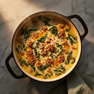 Bowl of Keto-friendly Tuscan soup garnished with fresh herbs and vegetables