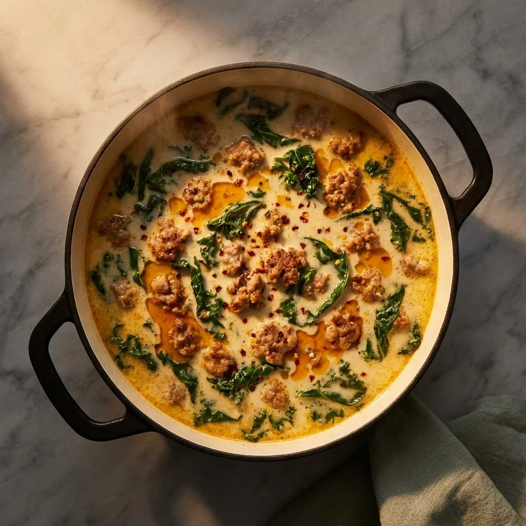 Bowl of Keto-friendly Tuscan soup garnished with fresh herbs and vegetables