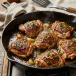 Plate of Keto Garlic Butter Chicken Thighs garnished with herbs