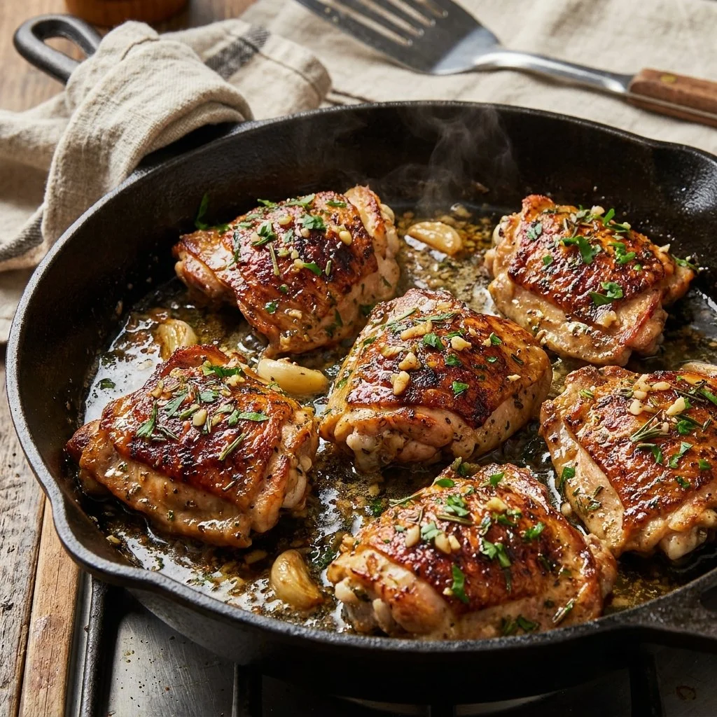 Plate of Keto Garlic Butter Chicken Thighs garnished with herbs