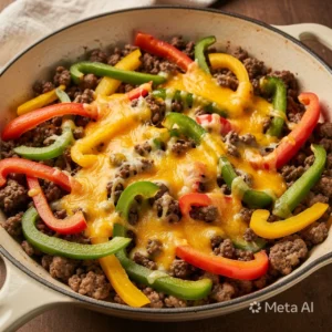 Keto Philly Cheesesteak skillet with ground beef and cheese
