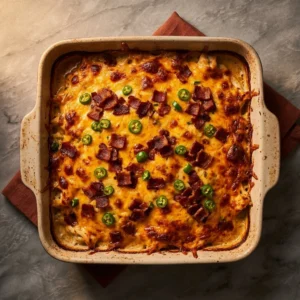 Keto Jalapeno Popper Chicken Casserole topped with cheese and jalapenos