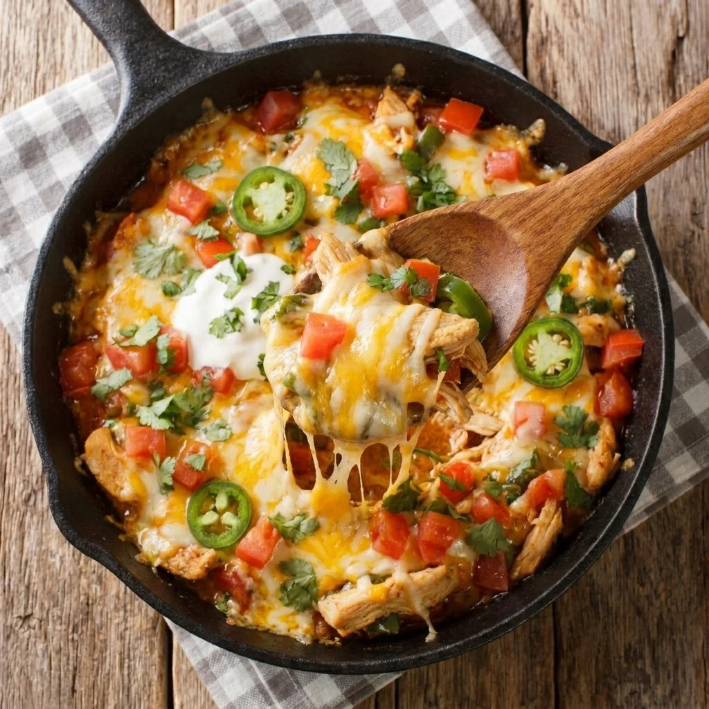 Keto Mexican Cheesy Chicken Skillet in a cast iron pan