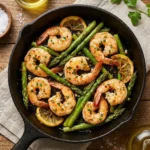 Plate of lemon garlic shrimp with asparagus, a flavorful seafood dish.