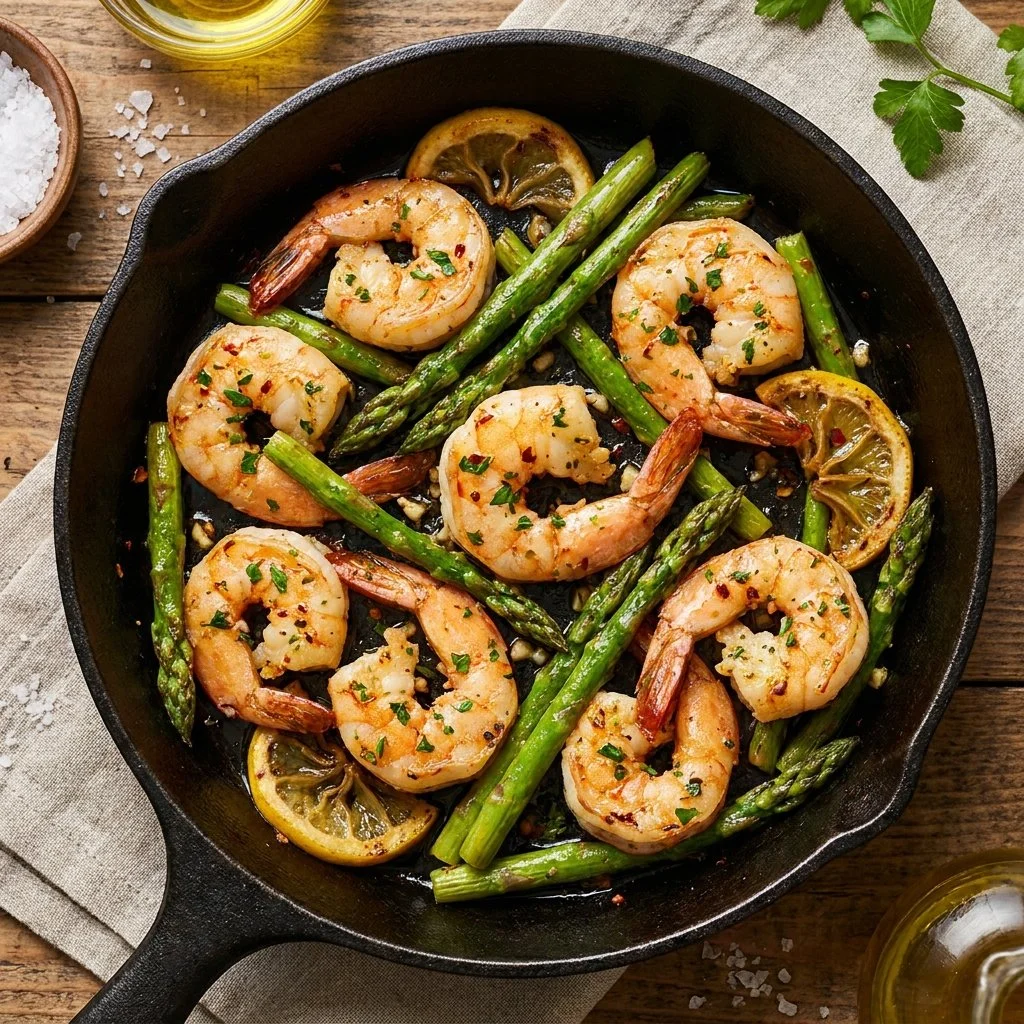Plate of lemon garlic shrimp with asparagus, a flavorful seafood dish.