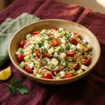 Lemony Greek Orzo Pasta Salad with vegetables and feta cheese