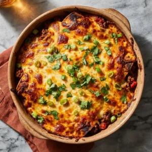 Low Carb Taco Casserole topped with cheese and garnished with fresh herbs