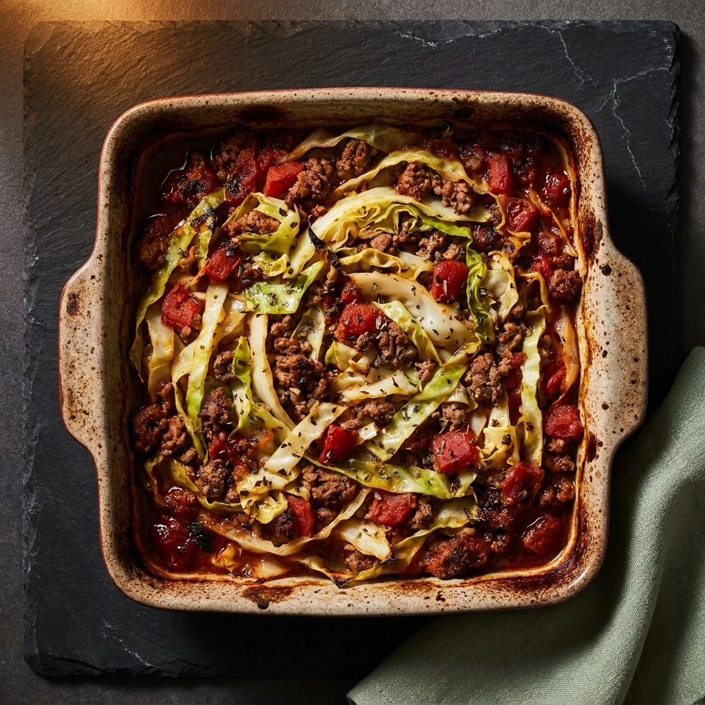 Low Carb Unstuffed Cabbage Casserole dish served in a baking dish