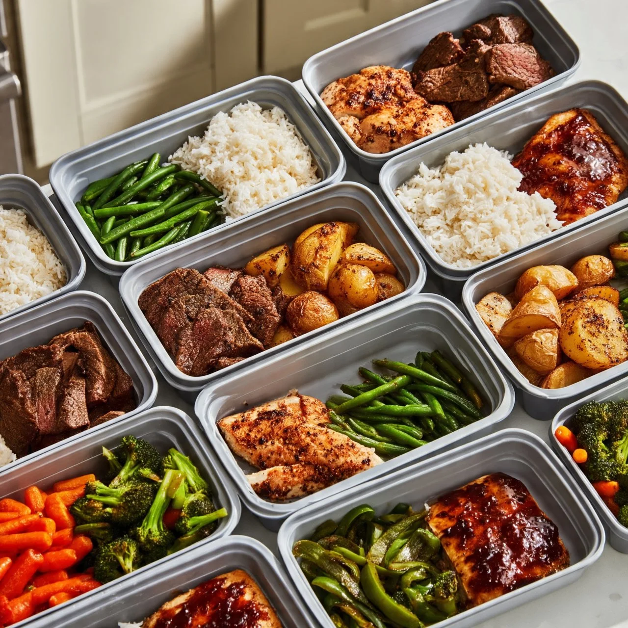 Colorful meal preps in containers for healthy eating.