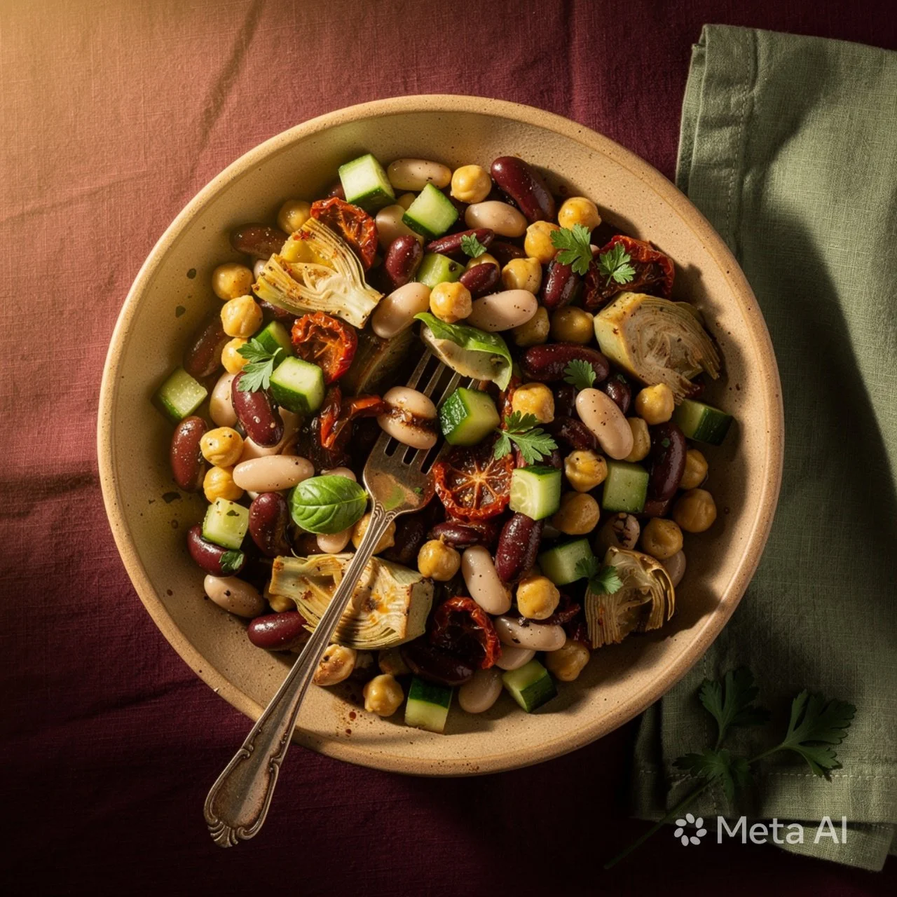 Mediterranean 3 Bean Salad featuring colorful beans and fresh vegetables.