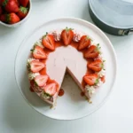 Delicious no-bake strawberry cheesecake topped with fresh strawberries.