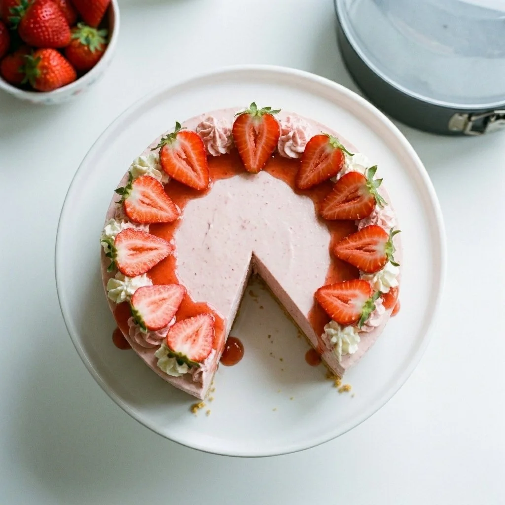 Delicious no-bake strawberry cheesecake topped with fresh strawberries.
