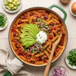 Delicious gluten-free one pot taco pasta in a skillet.