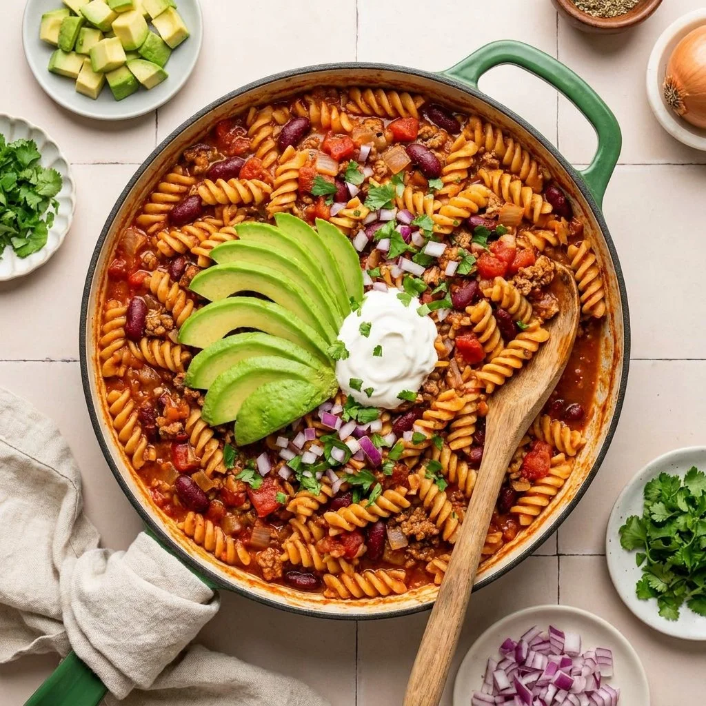 Delicious gluten-free one pot taco pasta in a skillet.