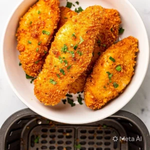 Parmesan Crusted Air Fryer Chicken Tenders plated and garnished