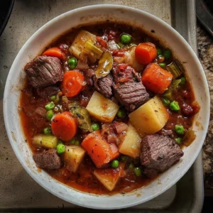 Paula Deen's beef stew simmering in a pot with fresh ingredients.