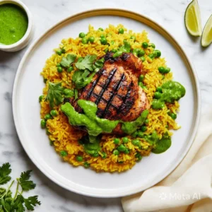 Peruvian chicken and rice served with green sauce on a plate