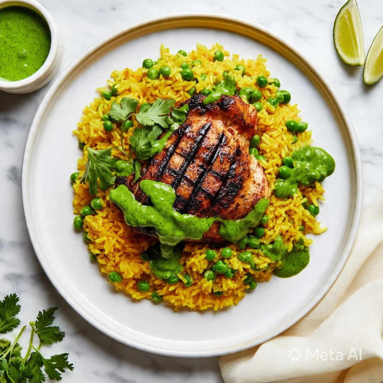 Peruvian chicken and rice served with green sauce on a plate