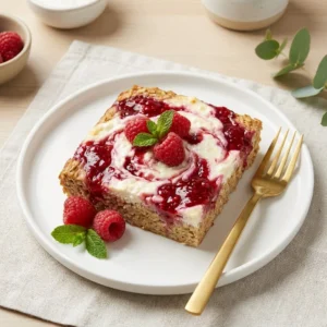 Raspberry Cottage Cheese Baked Oatmeal in a bowl, topped with fresh raspberries.