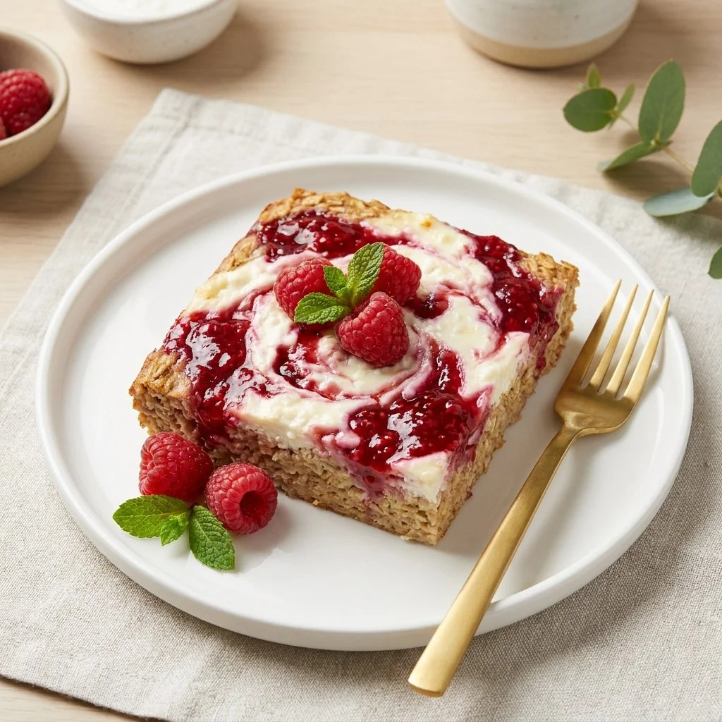 Raspberry Cottage Cheese Baked Oatmeal in a bowl, topped with fresh raspberries.