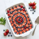 Red White & Blue Mixed Berry Yum Yum dessert featuring fresh mixed berries