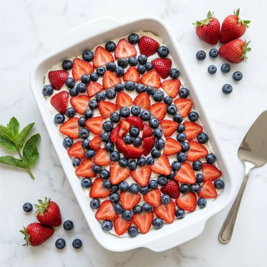 Red White & Blue Mixed Berry Yum Yum dessert featuring fresh mixed berries