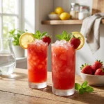 Refreshing frozen strawberry lemonade slushies in a clear glass with ice and strawberries