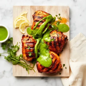 Deliciously grilled Peruvian chicken served with green sauce