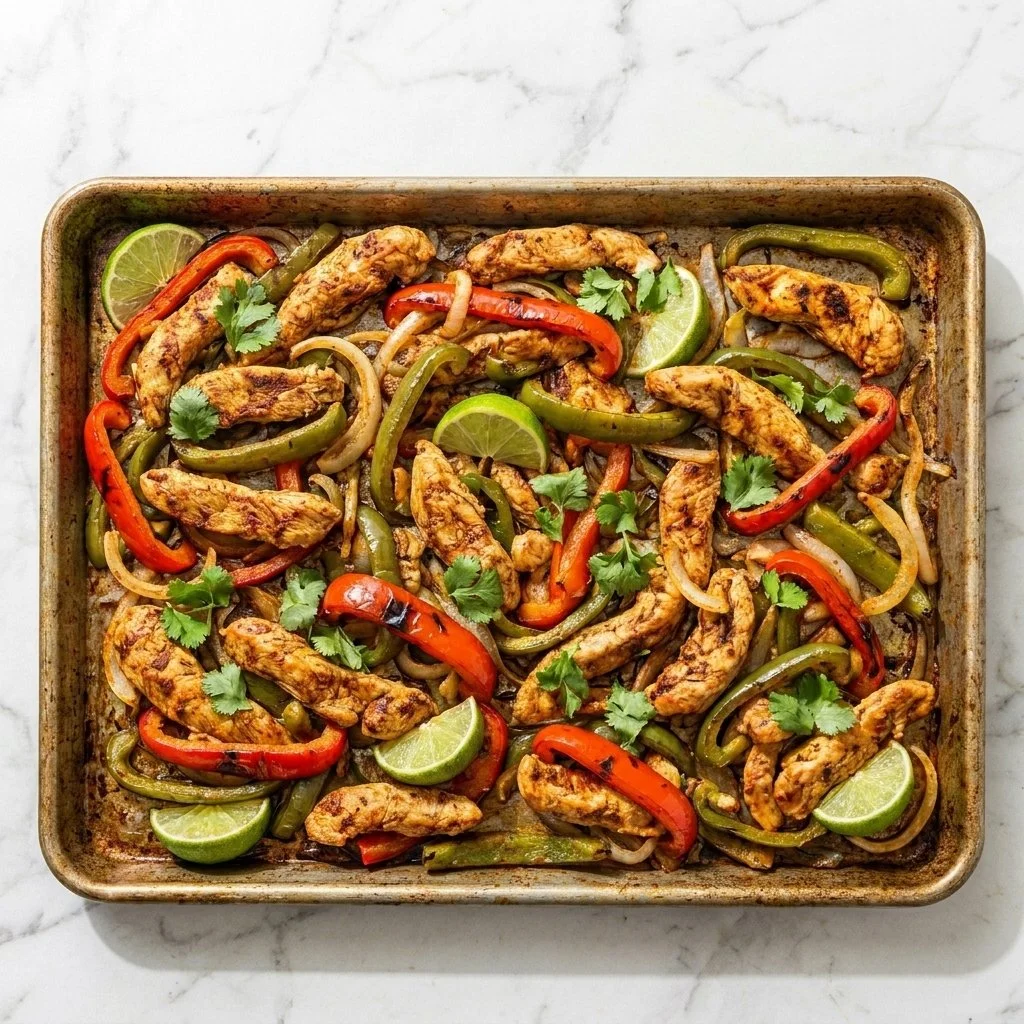 Sheet pan chili lime chicken fajitas with colorful vegetables