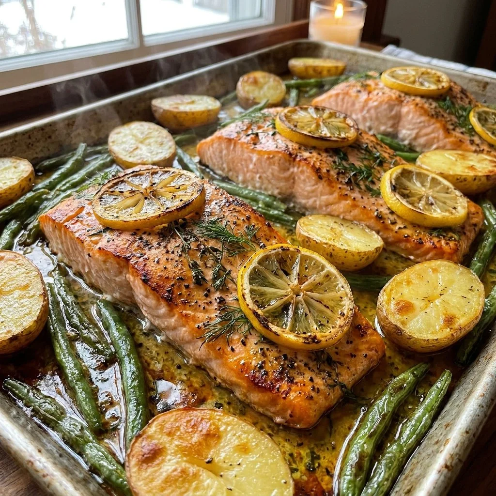 Delicious sheet pan lemon garlic butter salmon with fresh herbs