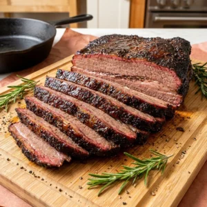 Delicious Texas style smoked beef brisket served on a cutting board