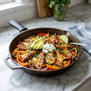 Skillet Chicken Fajitas Bake, a low carb and keto-friendly meal with colorful veggies