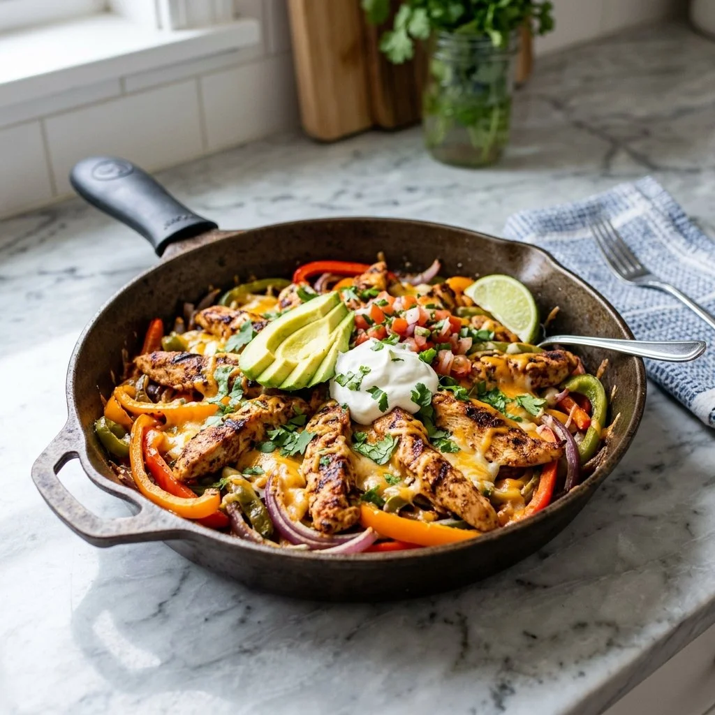 Skillet Chicken Fajitas Bake, a low carb and keto-friendly meal with colorful veggies
