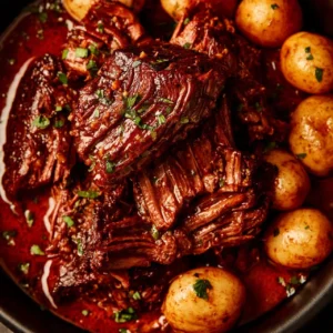 Slow cooked garlic butter beef with potatoes in a cozy dish