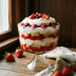 Strawberry shortcake trifle with layers of cake, strawberries, and cream