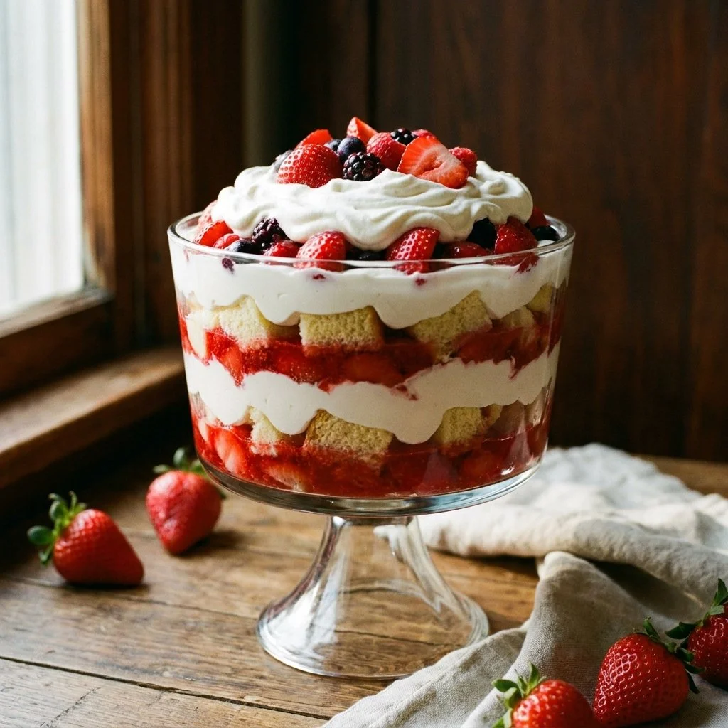 Strawberry shortcake trifle with layers of cake, strawberries, and cream