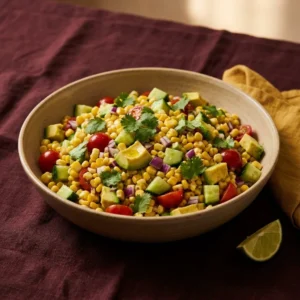 Vibrant summer corn salad garnished, perfect for Mother's Day dinner