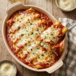 Delicious Three Cheese Manicotti served in a ceramic dish with marinara sauce