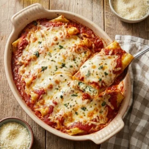 Delicious Three Cheese Manicotti served in a ceramic dish with marinara sauce