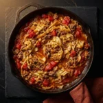 Delicious unstuffed cabbage rolls served in a bowl, topped with tomato sauce.