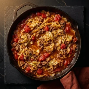 Delicious unstuffed cabbage rolls served in a bowl, topped with tomato sauce.