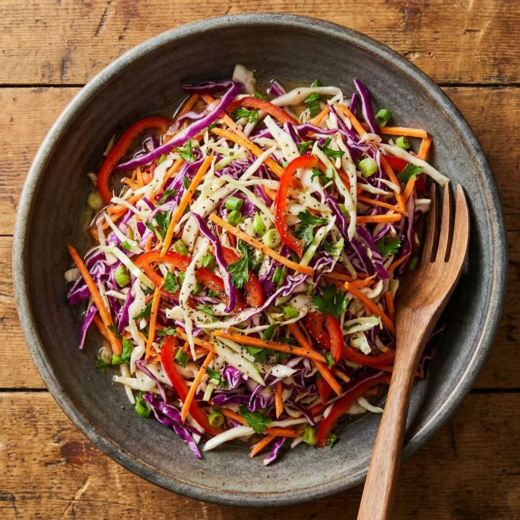 Bowl of vinegar coleslaw with colorful cabbage and carrots