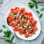 Delicious Watermelon Feta Salad with fresh mint leaves.