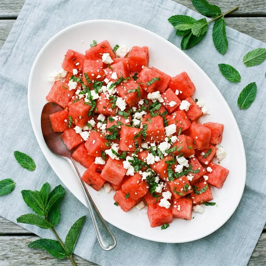 Delicious Watermelon Feta Salad with fresh mint leaves.