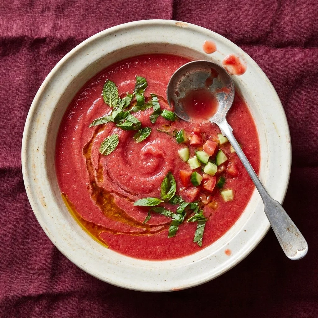 Chilled watermelon gazpacho soup garnished with fresh toppings in a bowl