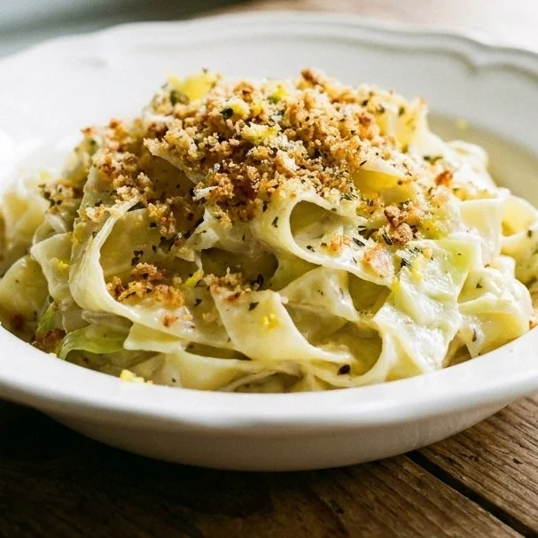 Cabbage Alfredo Pasta with Spicy Breadcrumbs