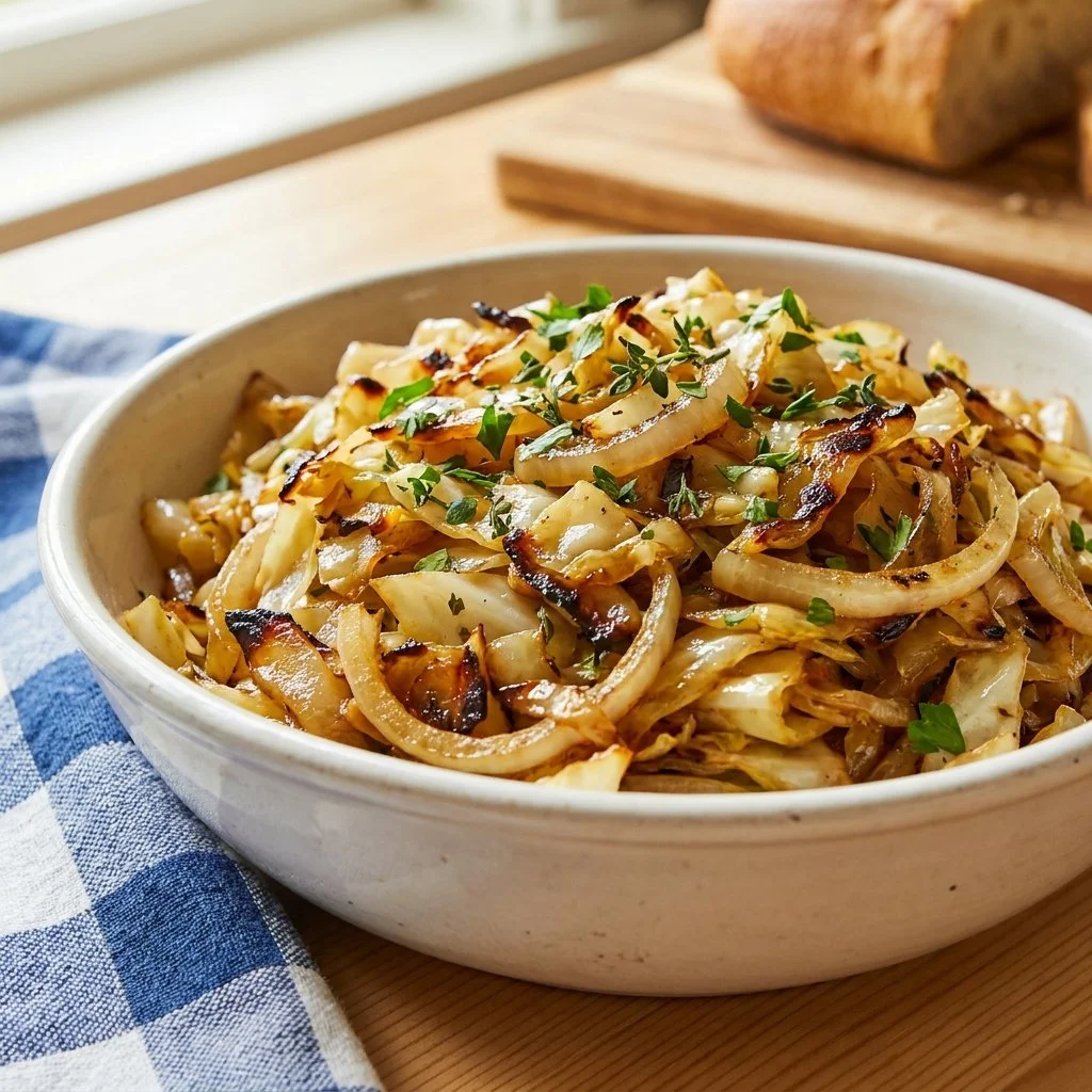 Delicious caramelized cabbage and onions served as a side dish.