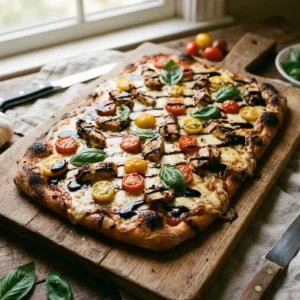 Delicious Chicken Caprese Flatbread topped with fresh basil and tomatoes