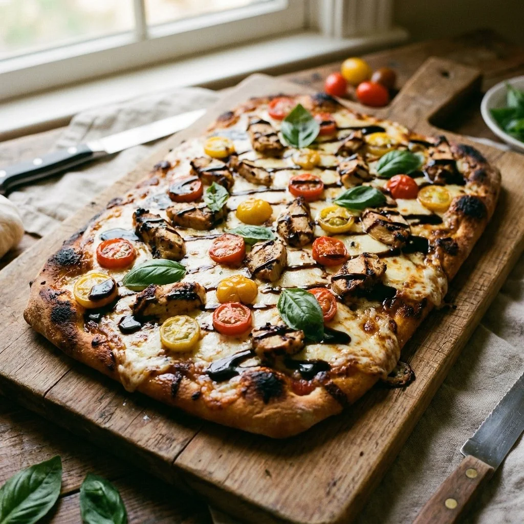 Delicious Chicken Caprese Flatbread topped with fresh basil and tomatoes